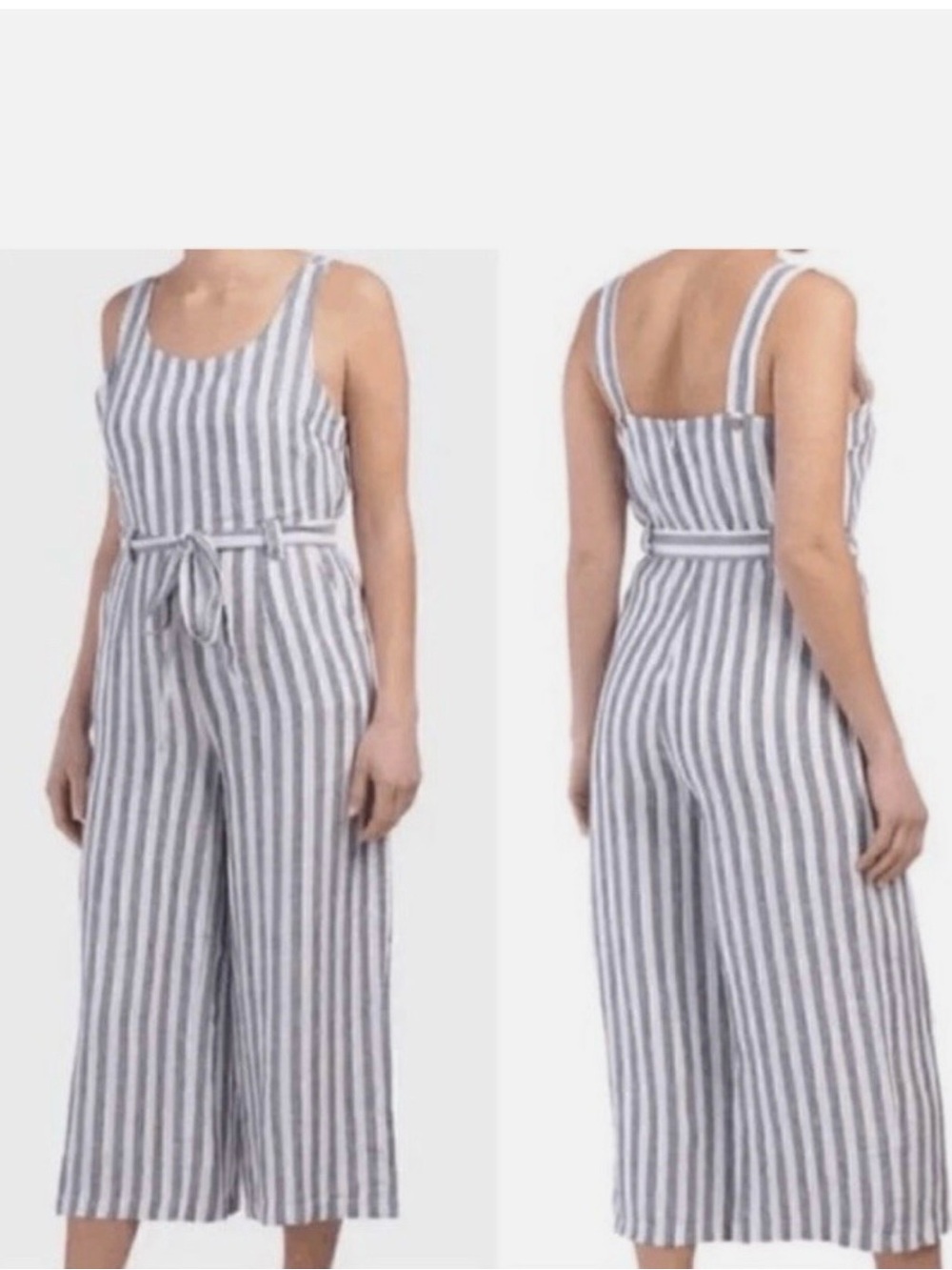 Rachel Zoe Linen Crop Jumpsuit Wide Leg Blue White Stripes Beach Boho Nautical